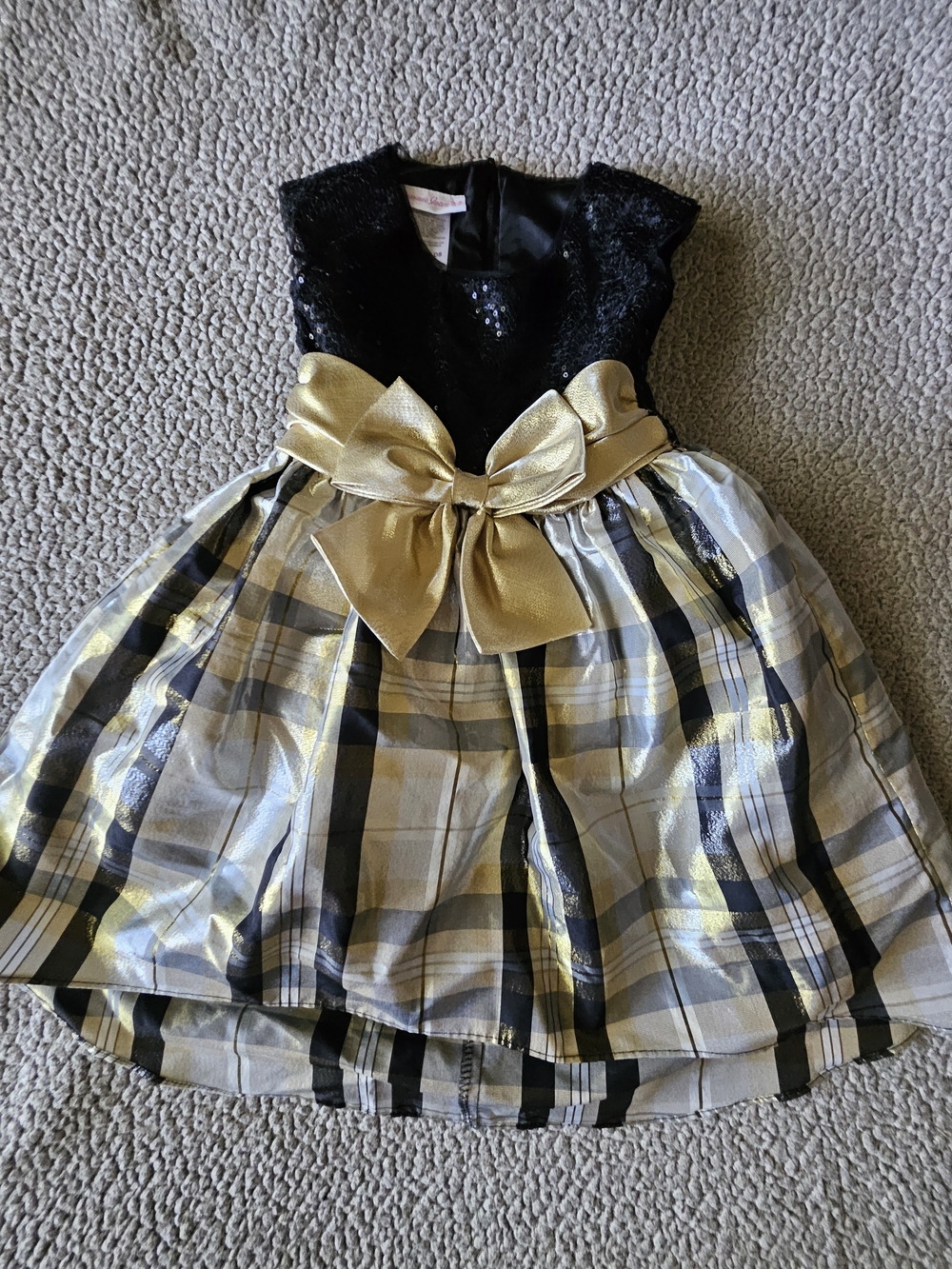 Bonnie Jean Black and Gold Plaid Party Dress with Metallic Bow